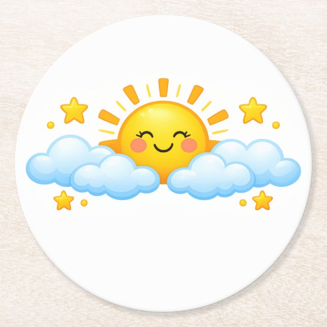 Friendly Smiling Sun Blue Sky Graphic Art Round Paper Coaster (Front)