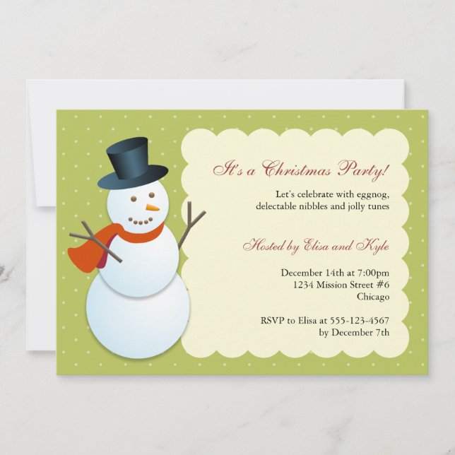 Friendly snowman north pole green Christmas party Invitation (Front)