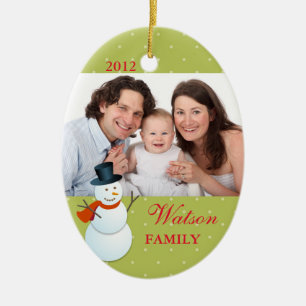 Friendly snowman north pole green Christmas photo Ceramic Tree Decoration