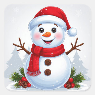 Friendly Snowman Wearing Santa Hat In Winter Snow Square Sticker