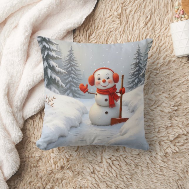 Friendly Snowman with a Red Shovel Cushion (Blanket)