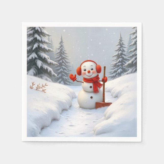 Friendly Snowman with a Red Shovel Napkin (Front)