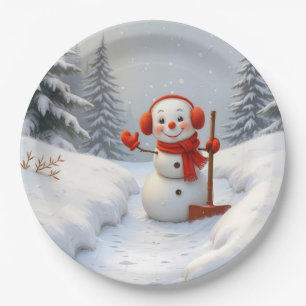 Friendly Snowman with a Red Shovel Paper Plate