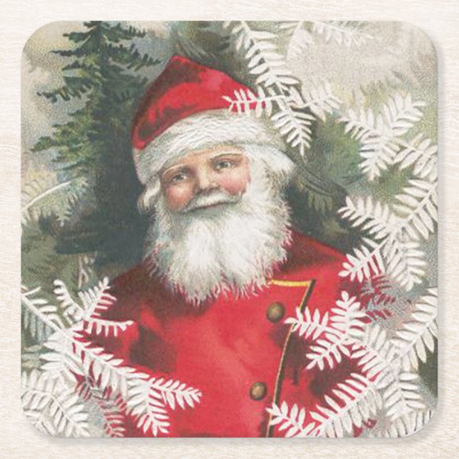 Friendly Vintage Santa Christmas Square Paper Coaster (Front)