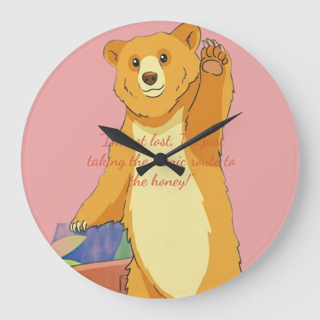 Friendly Waving Bear Cartoon – Vibrant Jungle Gree Large Clock (Front)