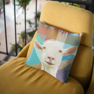 Friendly White Goat Colourful Geometric Background Cushion