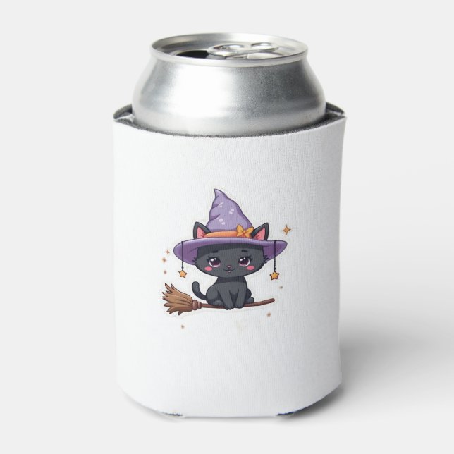 Friendly Witch Hat Cat  Cute Pastel Kawaii Hallowe Can Cooler (Can Front)