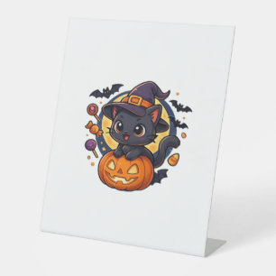 Friendly Witch Hat Cat Cute Pastel Kawaii Hallowe Pedestal Sign