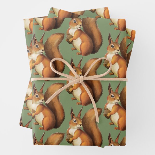 Friendly Woodland Squirrel Gift Wrap (In situ)