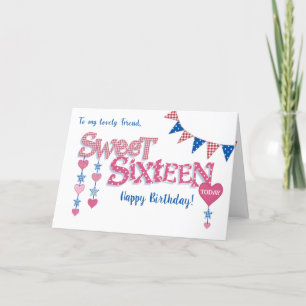 Friend's 16th Birthday Hearts Stars Word Art Card