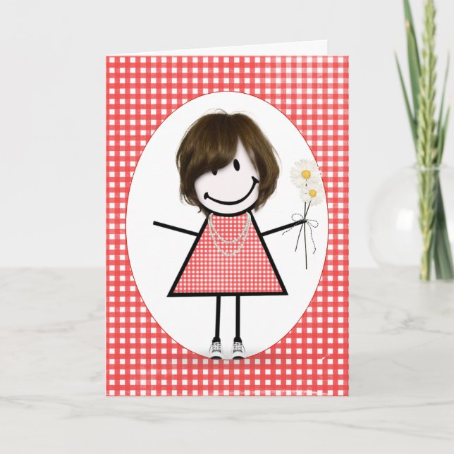 Friend's Birthday Stick Figure Girl On Gingham Card (Front)