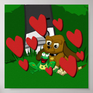 Friends cartoon beagle dog and frog with hearts poster