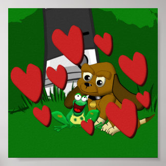 Friends cartoon beagle dog and frog with hearts poster