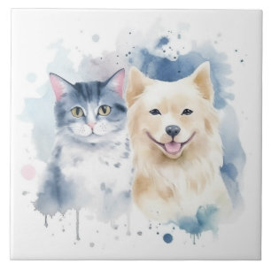 Friends Forever - Dog and Cat Watercolor Art Tile
