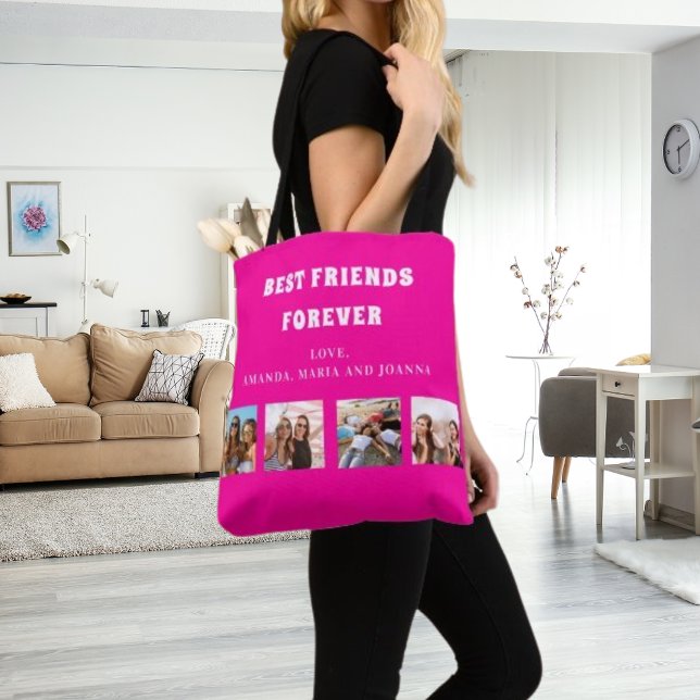 Friends forever hot pink photo collage names tote bag (Creator Uploaded)