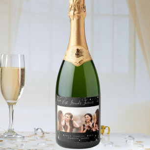 Friends forever photo black silver glitter sparkling wine label