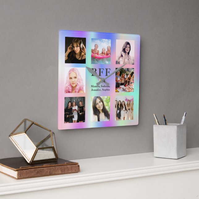 Friends forever photo collage bff rainbow square wall clock (Office)