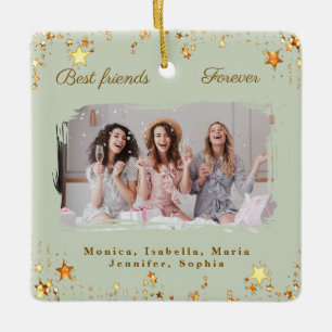 Friends forever photo sage green gold stars ceramic ornament