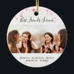 Friends forever pink glitter white photo ceramic tree decoration<br><div class="desc">A gift for your best friend(s) for birthdays,  Christmas or a special event. Black text: Best Friends Forever,  written with a trendy hand lettered style script. Personalise and use your own photo and names. A chic white background,  decorated with pink faux glitter dust.</div>