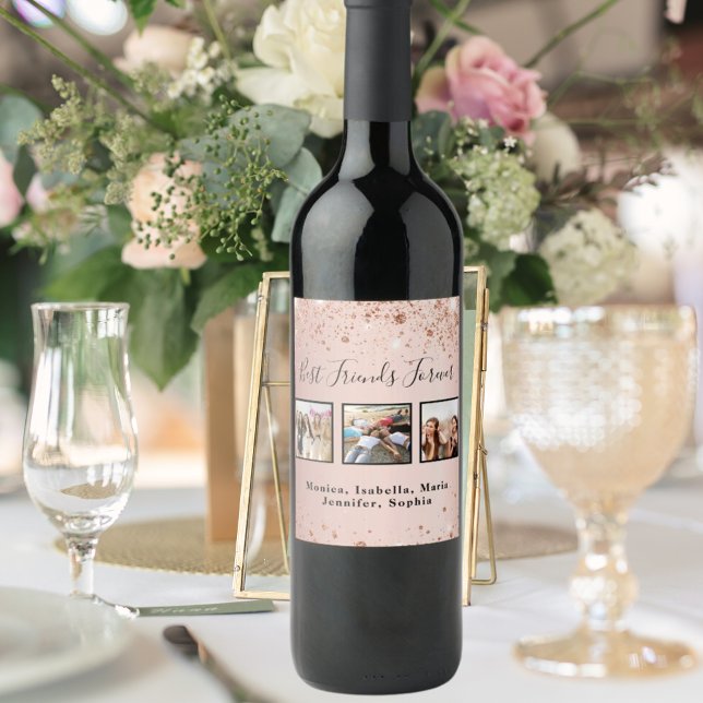 Friends forever rose gold glitter photo wine label (Creator Uploaded)