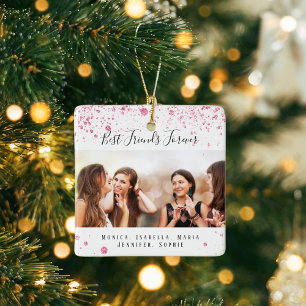 Friends forever white pink glitter photo names ceramic ornament