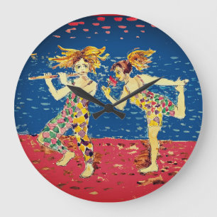 Friends in colourful, harlequin-patterned outfits large clock