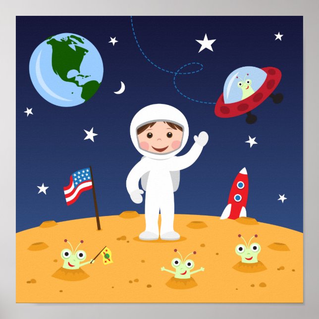 Friends in space, cute kids cartoon wall art (Front)