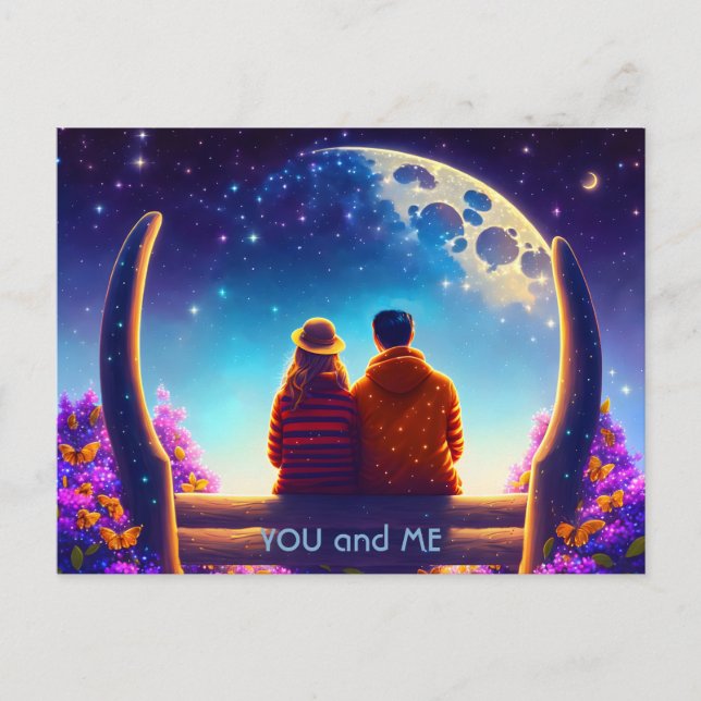 Friends or lovers on a bench in the moonlight postcard (Front)