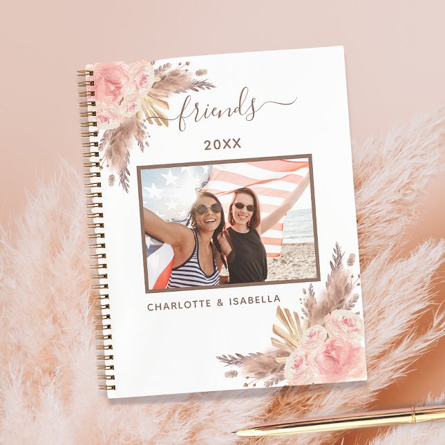 Friends photo pampas grass pink floral white notebook (Creator Uploaded)