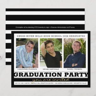 Friends Siblings Graduation Party Black 3 Photo Invitation