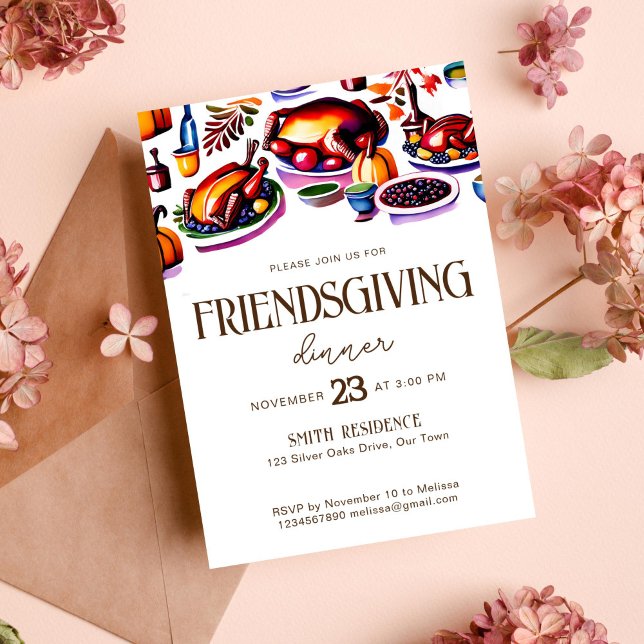 Friendsgivig Thanksgiving table dishes modern Invitation (Friendsgiving thanksgiving dinner party template invitation modern turkey meals art retro )