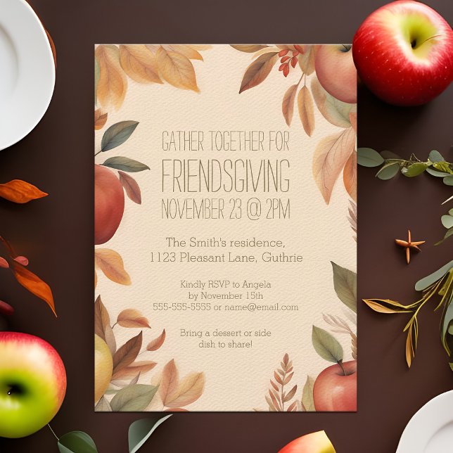 Friendsgiving Autumn Apple Harvest Watercolor Fall Invitation (Boho watercolor Friendsgiving dinner party invitation with Fall apples)