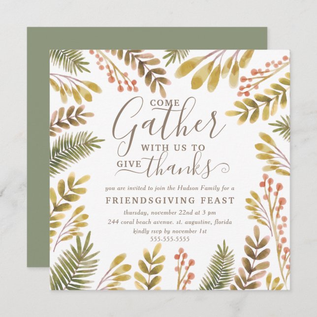 Friendsgiving Autumn Greenery Watercolor Wreath Invitation (Front/Back)