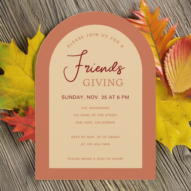 Friendsgiving Brown Modern Arch Terracotta Beige Invitation (Creator Uploaded)
