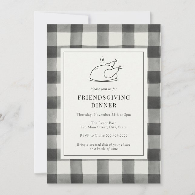 Friendsgiving Dinner Black Buffalo Plaid Invitation (Front)
