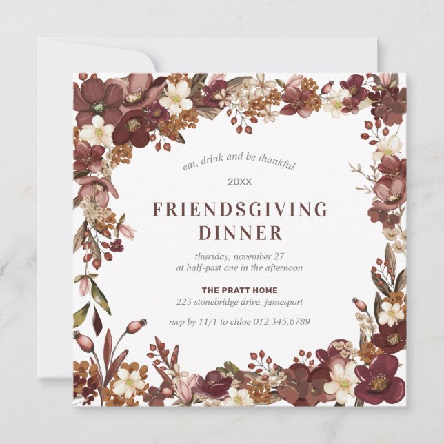 Friendsgiving Dinner Burgundy Mauve White Floral Invitation (Front)