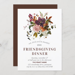 Friendsgiving Dinner Burgundy Red Autumn Floral Invitation