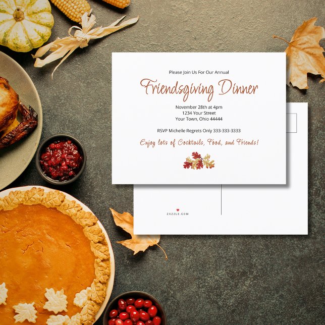 Friendsgiving Dinner Elegant Foliage Thanksgiving Invitation Postcard (Creator Uploaded)