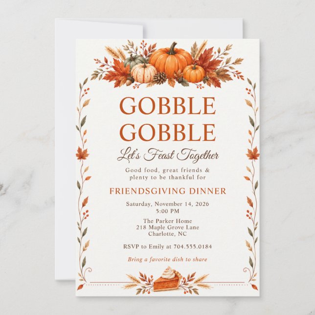 Friendsgiving Dinner Gobble Gobble Fall Pumpkin Holiday Card (Front)