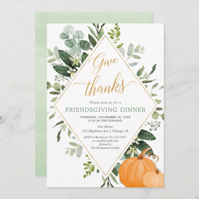 Friendsgiving dinner greenery green leaves gold invitation (Front/Back)