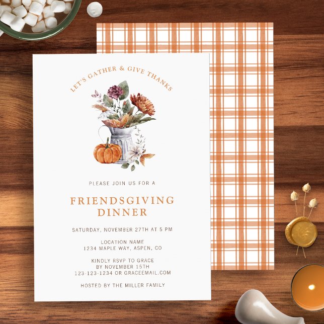 Friendsgiving Dinner Invitation (Chic and stylish Orange White Floral Friendsgiving Dinner invitation by Painted Paperie
)