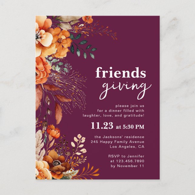 Friendsgiving dinner invitation autumnal floral postcard (Front)
