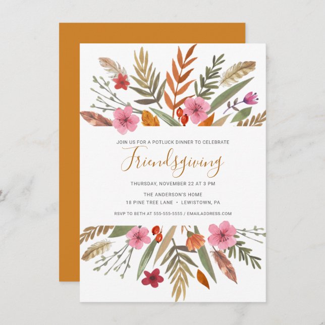 FRIENDSGIVING DINNER INVITE WATERCOLOR FOLIAGE (Front/Back)