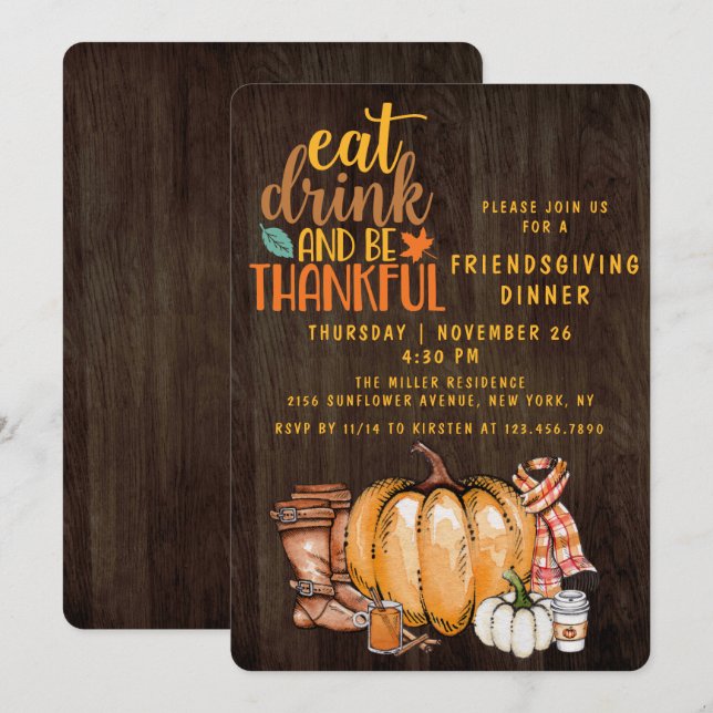 Friendsgiving Dinner Modern Fall Watercolor Invitation (Front/Back)