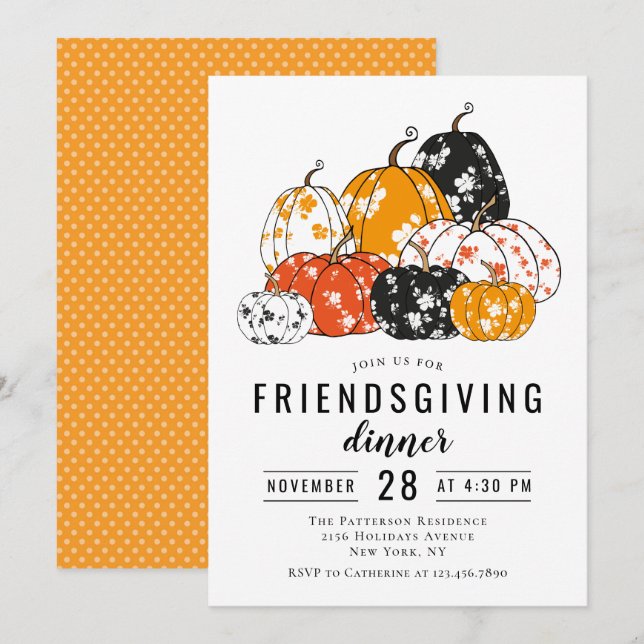 Friendsgiving Dinner Modern Floral Pumpkins Invitation (Front/Back)