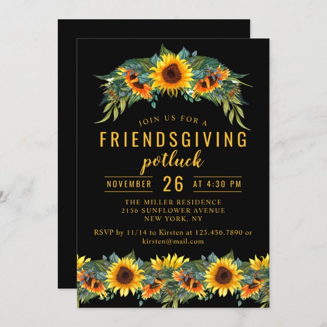 Friendsgiving Dinner Potluck Watercolor Sunflower Invitation (Front/Back)