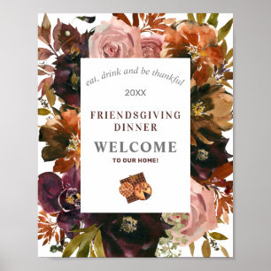 Friendsgiving Dinner Rustic Red Flora Poster