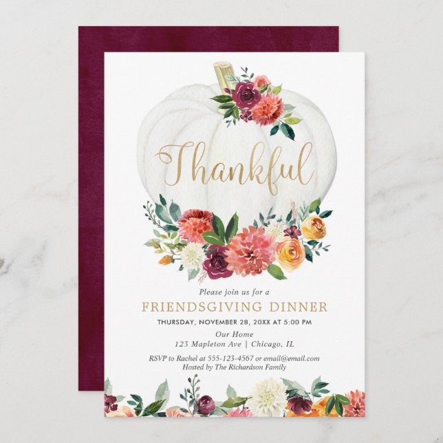 Friendsgiving Dinner Thankful elegant fall floral Invitation (Front/Back)