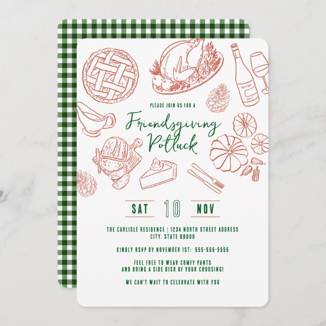 Friendsgiving Dinner Vintage Rustic Food Gingham Invitation (Front/Back)
