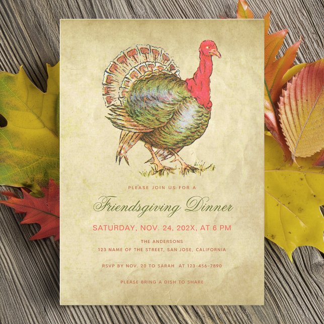 Friendsgiving Dinner Vintage Turkey Antique Paper Invitation (Creator Uploaded)